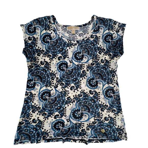 Michael Michael Kors Paisley Cap Sleeve Scoop Neck Top Sz Small Blue White Cream - Picture 7 of 11